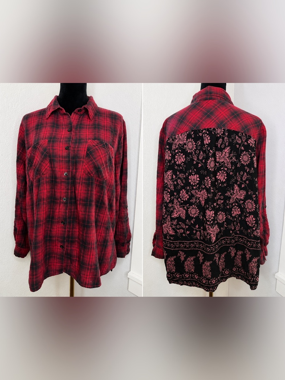 Style & Co. Size 2X Red Plaid Floral Back Button Down Shirt Grunge Boho